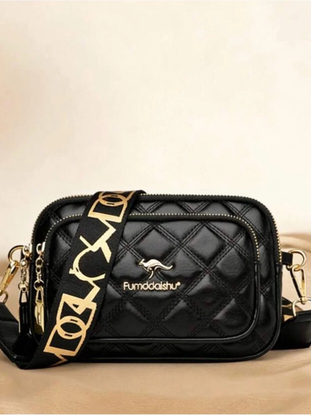 Quilted Black Crossbody Bag with Logo Strap